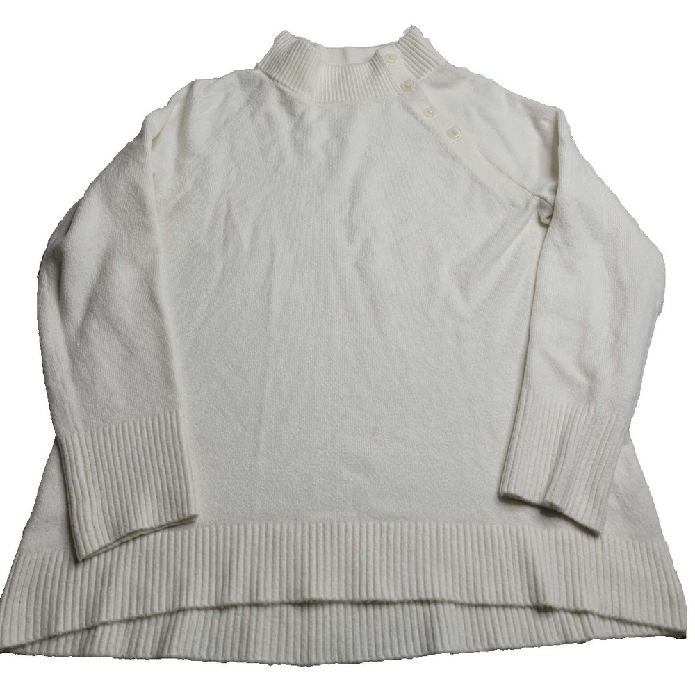 Talbots White Mock Neck Sweater Women's Medium Classic Preppy Button Neck Detail